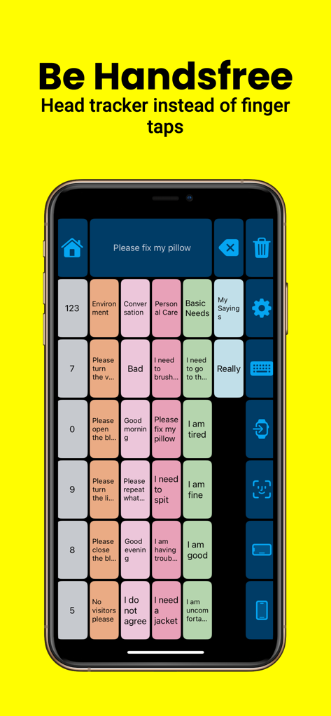 Speech Assistant - AAC Talker - Interface do aplicativo Speech Assistant AAC mostrando rastreamento de cabeça viva-voz e categorias de frases.