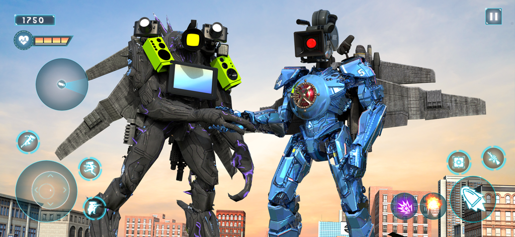 Toilet Rope Monster Game 3D - Two giant camera head robots shaking hands in a city from Toilet Rope Monster Game 3D