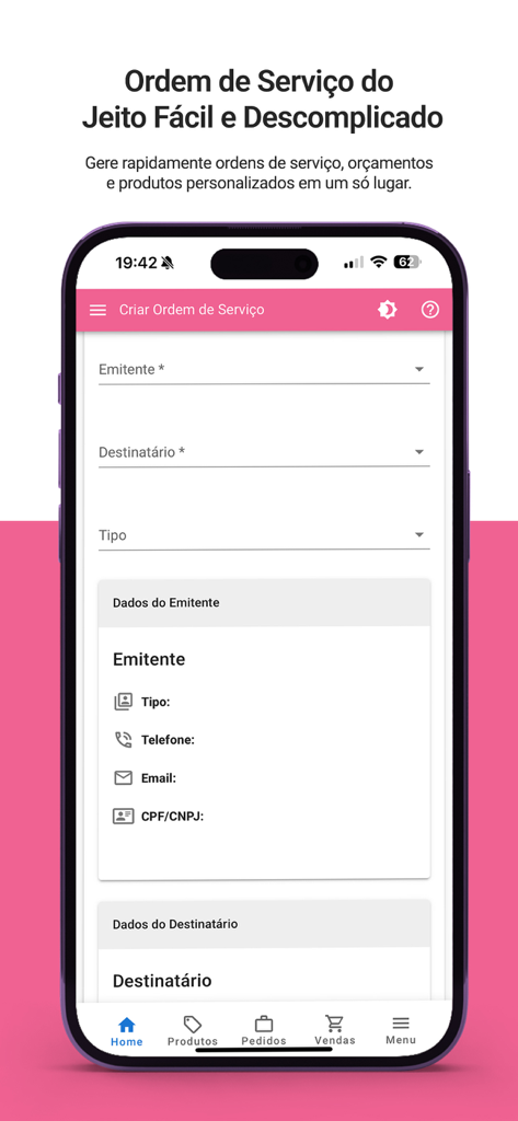 Jueri - Mobile interface of the Jueri app showing the form to create a new service order with fields for issuer and recipient information