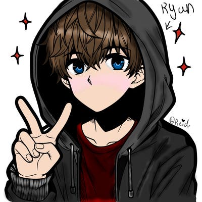teenage manga boy in a hoodie, doing ✌