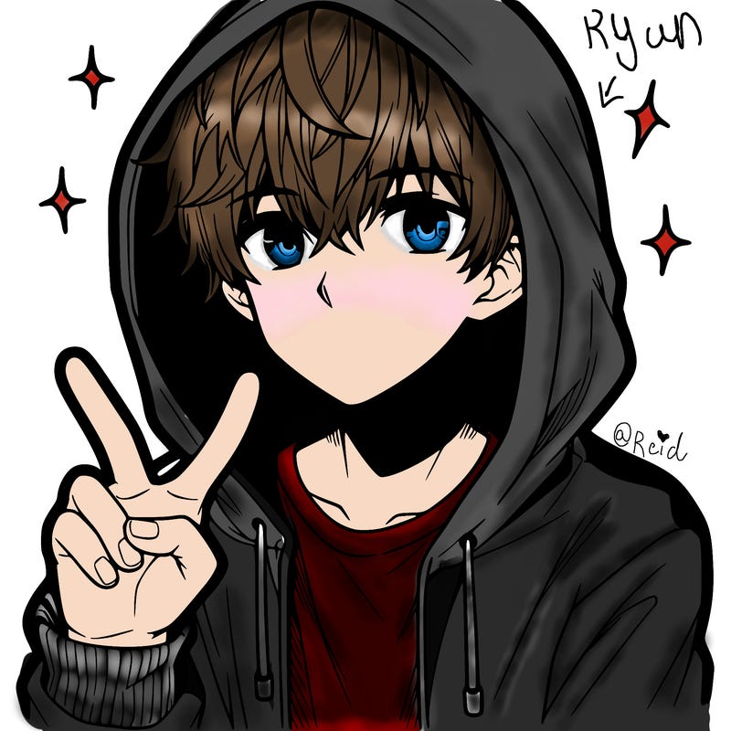 teenage manga boy in a hoodie, doing ✌