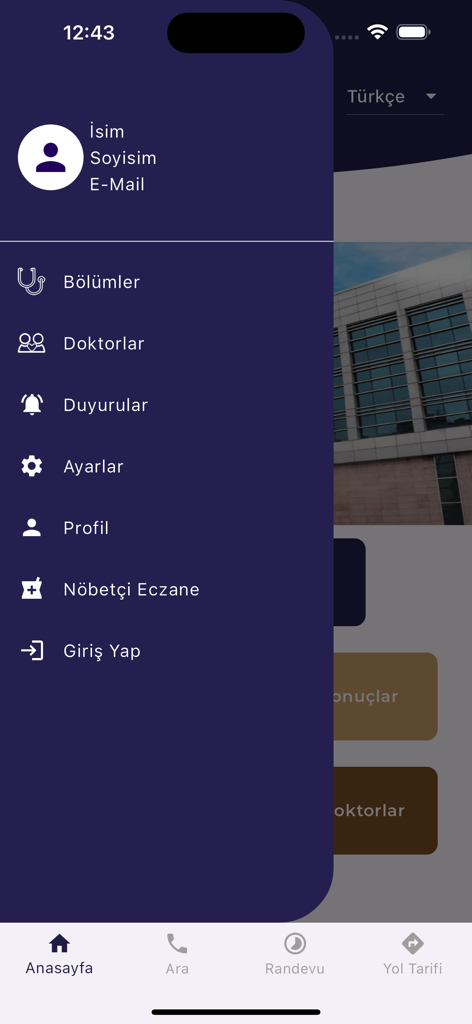Buhara Hastanesi mobile app navigation menu showing healthcare services