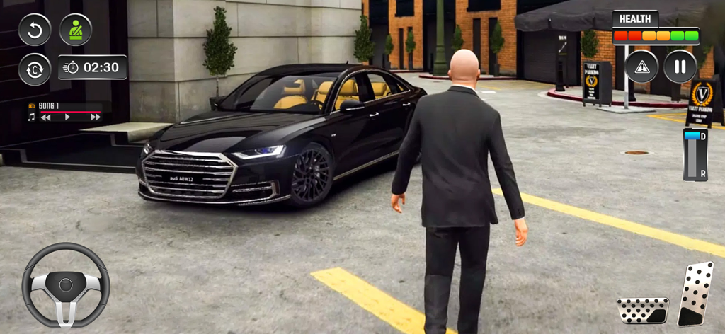 Gameplay des US Car Driving Simulator Spiels, das ein schwarzes Luxusauto und eine Figur in einer Stadtstraßenumgebung zeigt.