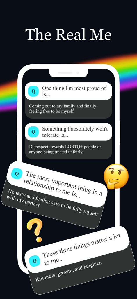 Queer: LGBTQ Chat & Friends - Queer LGBTQアプリのモバイル電話画面。個人のアイデンティティや価値観に関するプロフィール質問と回答が表示されています。