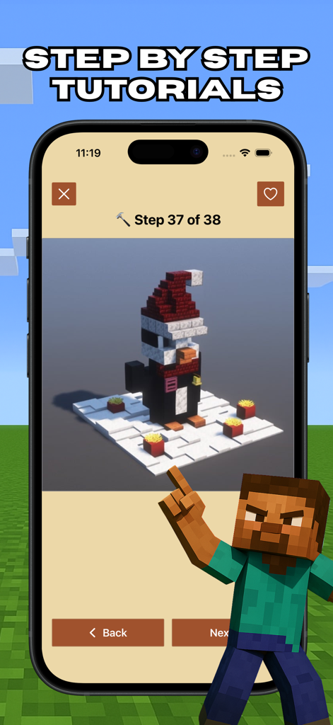 Building Guide For Minecraft - Guía de tutorial de construcción de Minecraft paso a paso que muestra una estructura de pingüino con un gorro de Santa