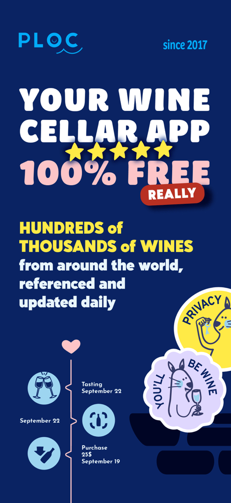 PLOC, you'll be wine - Introductory screen for PLOC wine cellar app highlighting its free features and extensive global wine database