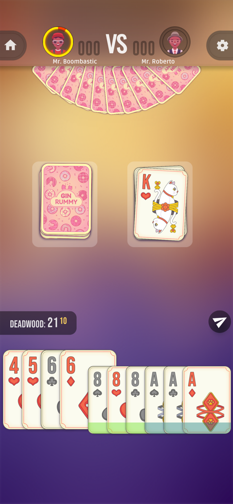 Gin Rummy: Classic Card Game - Gameplay screen of Gin Rummy Classic Card Game featuring large easy to read cards and player avatars