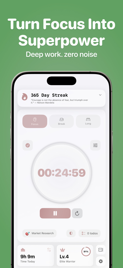 FocusHero app interface featuring a Pomodoro timer and gamified productivity stats