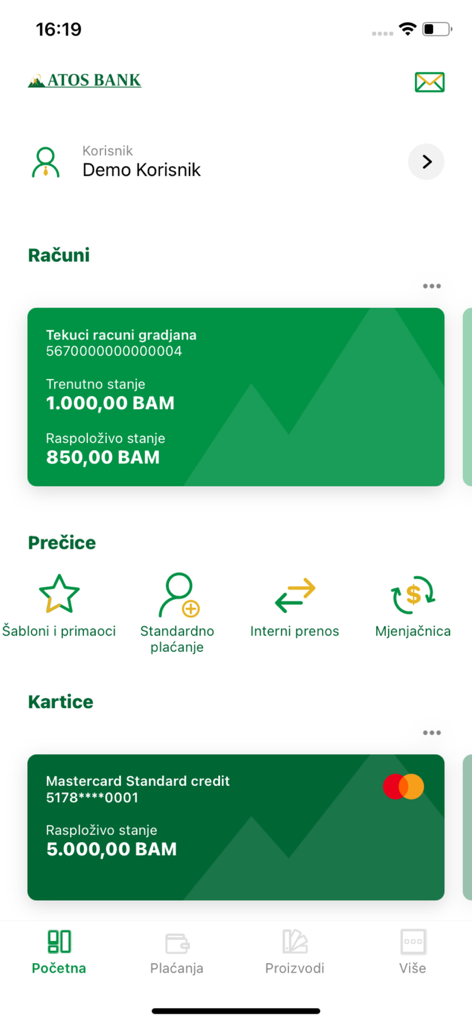 ATOS BANK Mobile - ATOS BANK Mobileアプリのダッシュボード、ユーザー口座残高とクレジットカード情報を表示