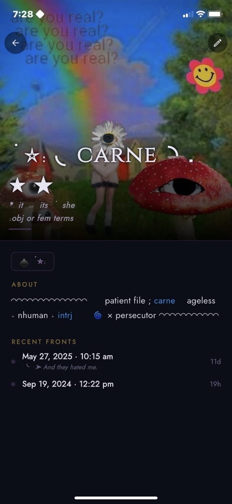 A customized member profile in the Ourcana app featuring a surreal background and fronting history