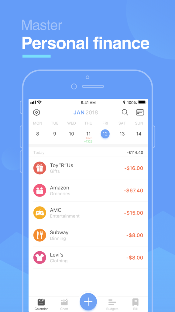 Smartphone screen displaying the Pocket Expense Pro app with a list of daily spending transactions and budget categories.
