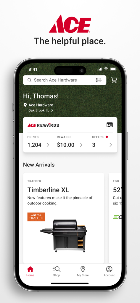 Ace Hardware - Ace Hardware mobile app home screen displaying user rewards and featured Traeger grill