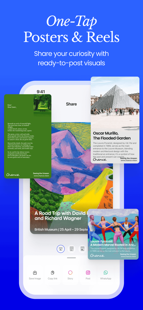 Chance AI - Visual Search - Interface of Chance AI app showing one-tap posters and reels for social media sharing