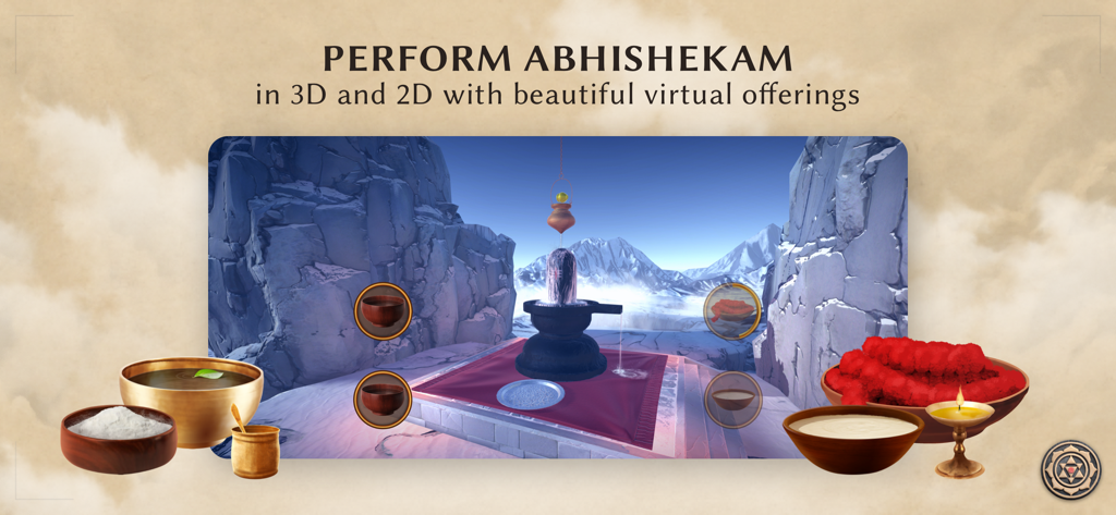 Sadhana: Mantra & Puja - Un ritual virtual 3D de Abhishekam realizándose en un Shiva Lingam en un entorno de montaña del Himalaya
