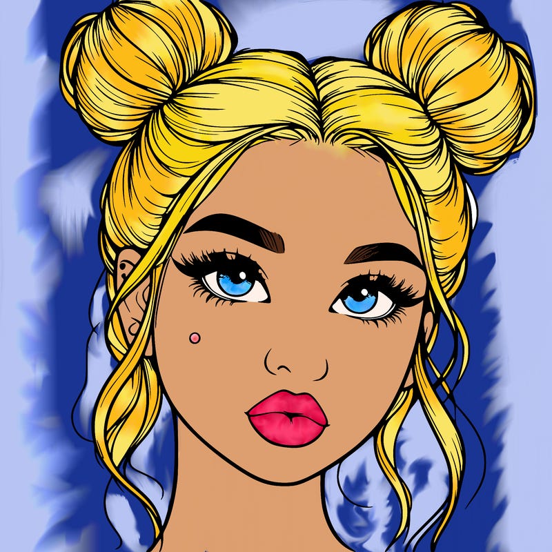 realistic girl with two buns on her hair and lips