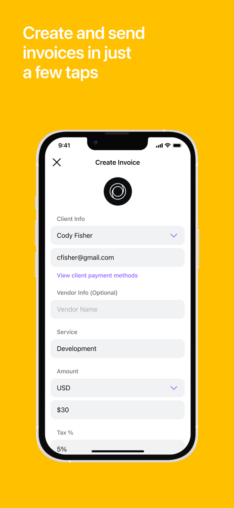Sentz – The Global Payment App - Sentz app interface for creating and sending invoices with client and service details