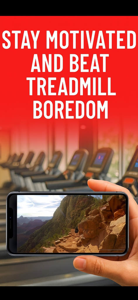 A hand holding a smartphone showing a scenic mountain trail video in a gym setting with the text Stay Motivated and Beat Treadmill Boredom.