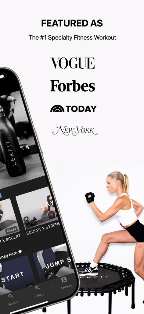 LEKFIT online studio app featured in Vogue and Forbes showing a woman on a rebounder