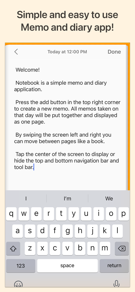 Notebook - Diary & Journal App - Eine einfache digitale Tagebuchoberfläche, die eine Begrüßungsnotiz und eine Tastatur in der Notebook-App zeigt