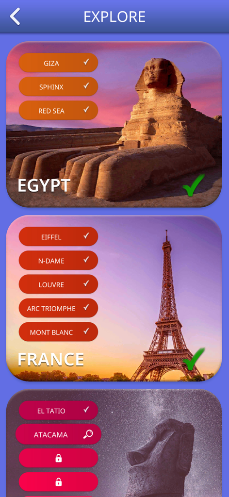 エジプトとフランスの完成したクロスワードレベルと有名な世界のランドマークが表示された探索画面