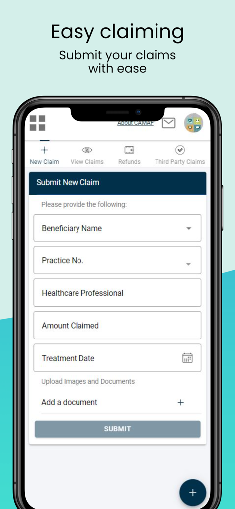 Mobile app interface showing the CAMAF submit new claim form with fields for beneficiary name and treatment date