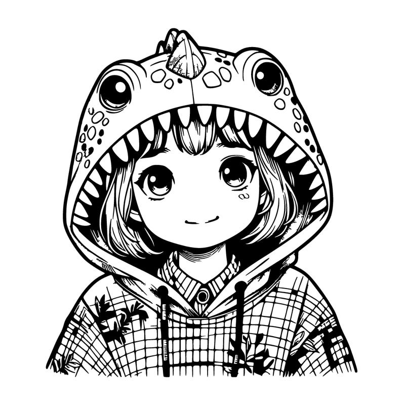 realistic girl with a dinosaur hoodie on
