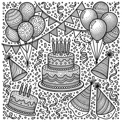 Dive into the festive spirit with this unique dot work birthday party coloring page. Featuring beautifully detailed cakes, balloons, and party hats, it's a celebration waiting for your creative touch.