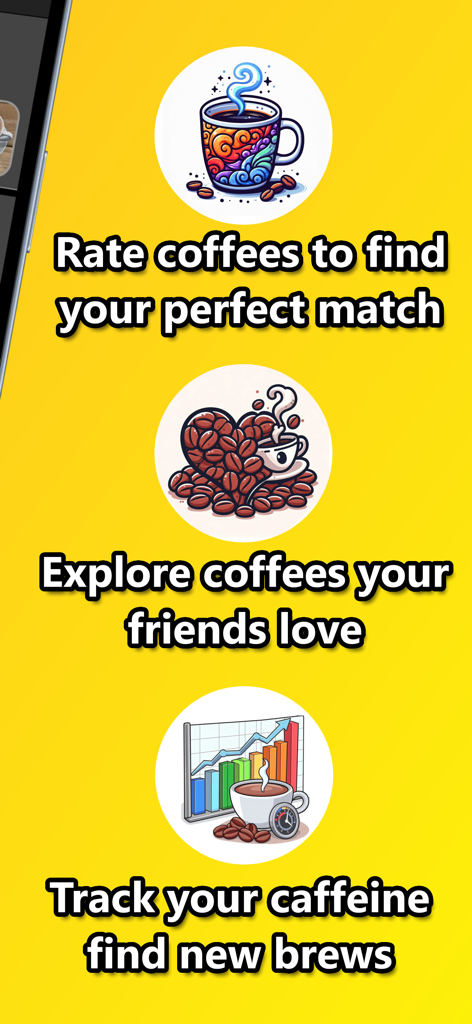 Infographic showing Bean app features including coffee ratings, social discovery, and a caffeine tracker.
