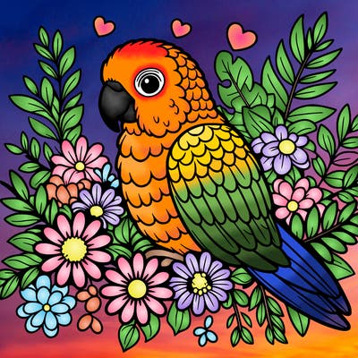 conure parrot  surrounded by flowers