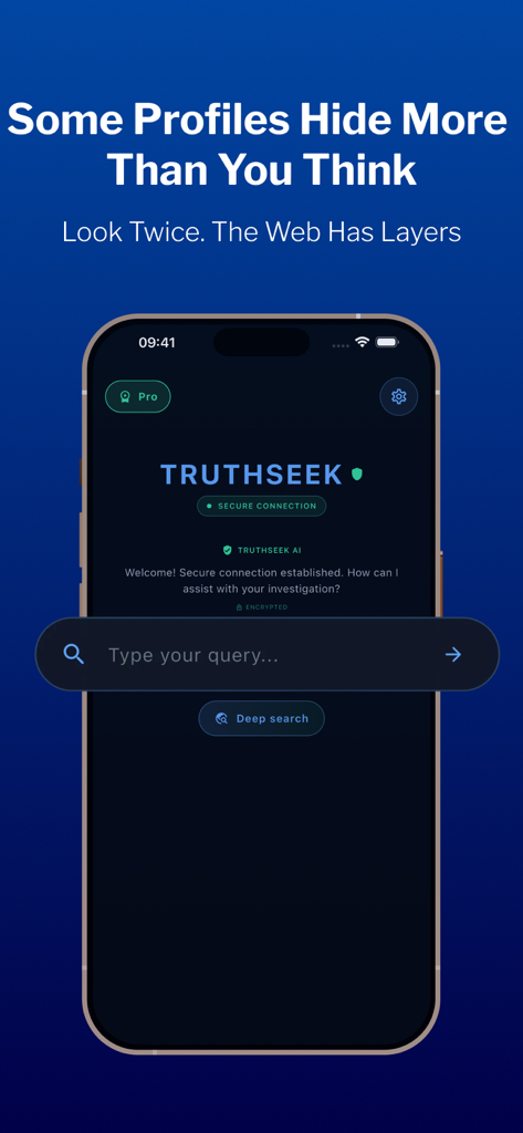 Deep Search & Truth Seek AI - TruthSeek AI app home screen on a smartphone showing a search bar and secure connection message.