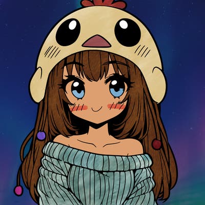 anime girl with chick shaped hat with sweater with bare shoulders with bangs covering them one eye with low tail