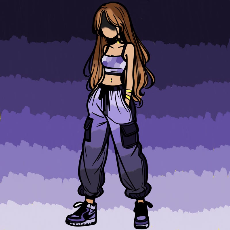 girl in baggy pants crop top and long hair