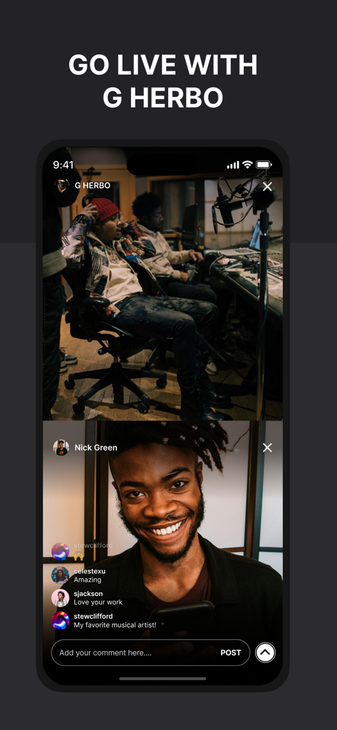 G Herbo Official App - A split-screen livestream on the G Herbo app showing the artist in a studio and a fan interacting with live comments.