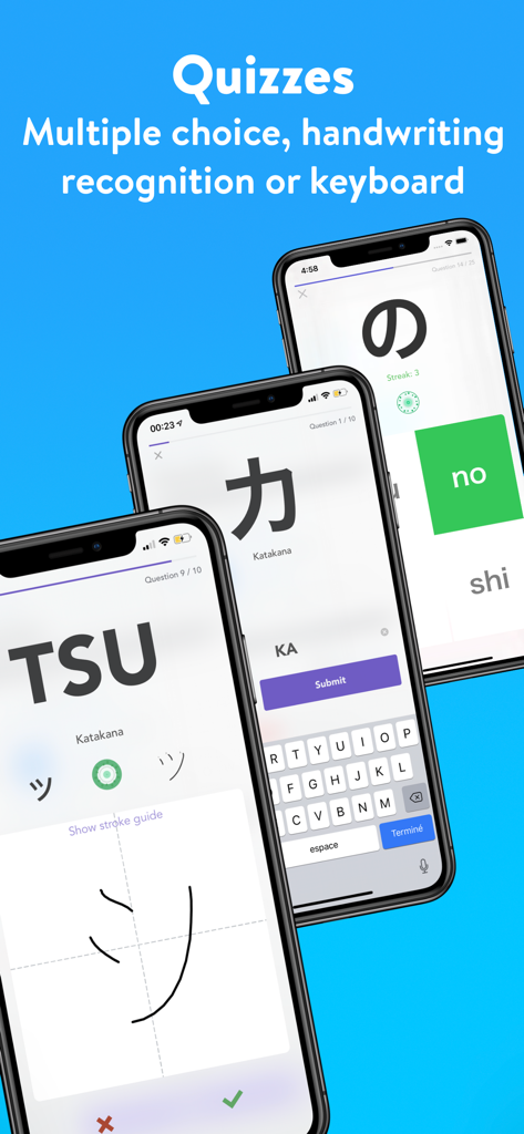 Kana - Hiragana and Katakana - Japanese kana quizzes showing handwriting recognition, keyboard input, and multiple choice modes on mobile screens.