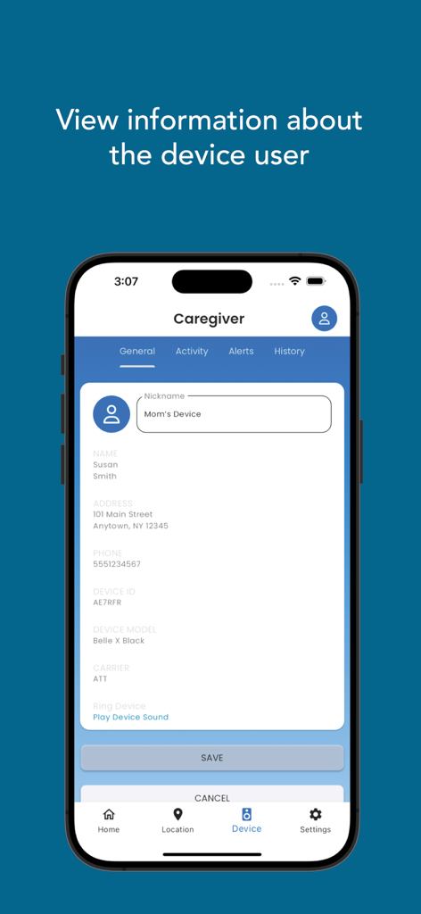 Caregiver Mobile - Caregiver Mobile app screen showing user information and Belle X device details