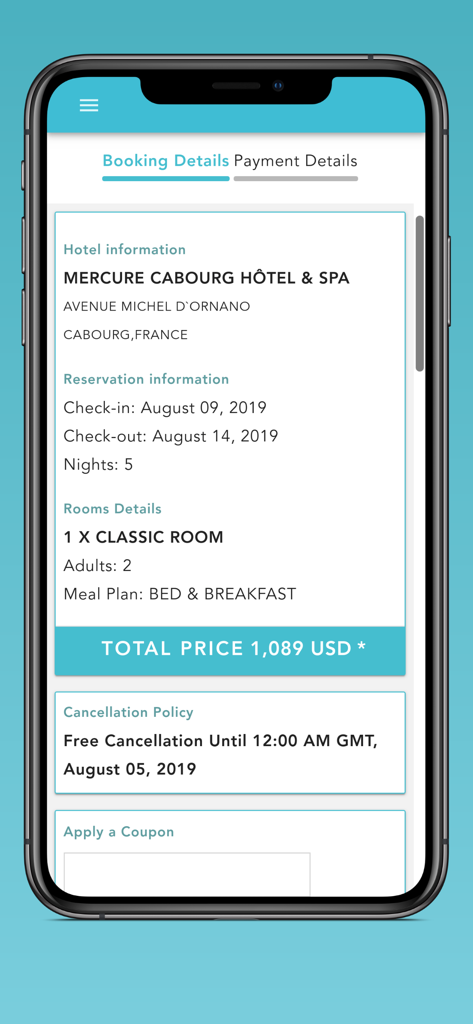 Pruvo mobile app displaying hotel booking details price and cancellation policy