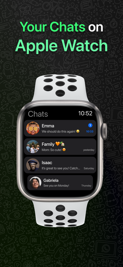 Apple Watch displaying the WhatsApp chat list interface