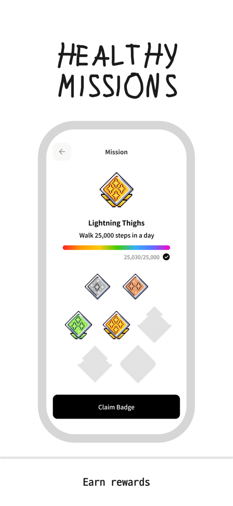 Charlie app screen showing healthy missions and earned step badges