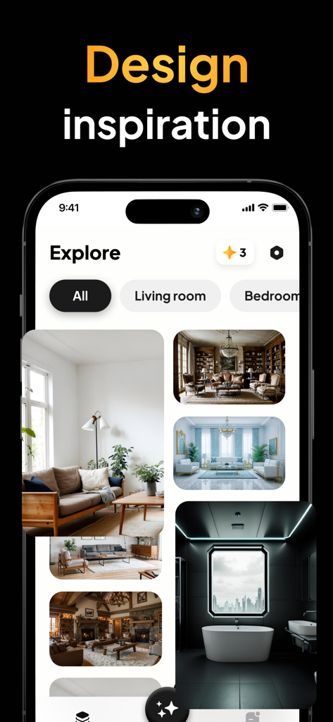 ReHome: AI Interior Design - Tela de aplicativo móvel mostrando uma galeria de inspiração de design de interiores para diferentes cômodos