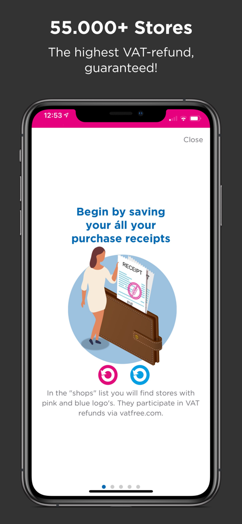vatfree.com - Mobile screen of the VATfree app showing how to save purchase receipts to get a tax refund.