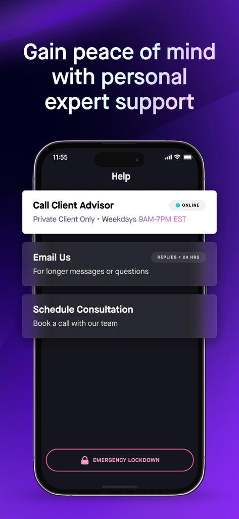 Casa: Bitcoin & Crypto Wallet - Casa app help screen showing expert support options and emergency lockdown feature
