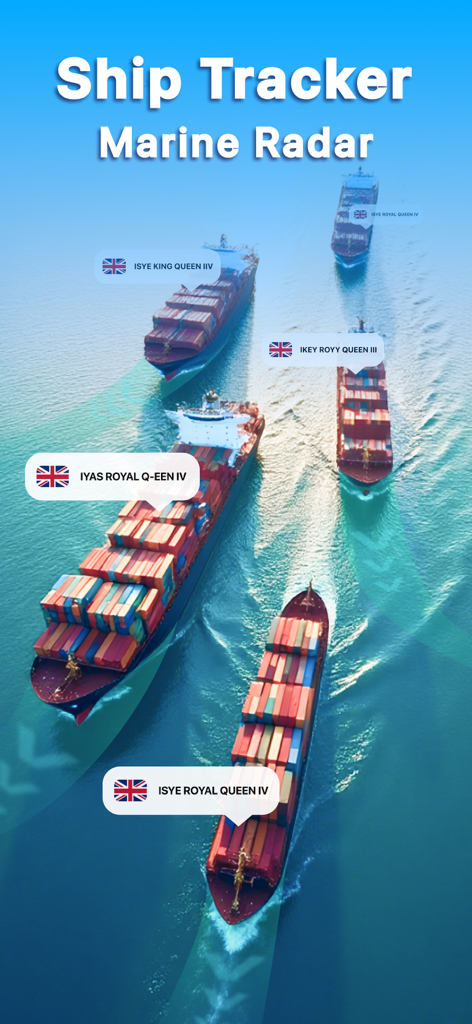 Ship Tracker - Marine Radar - Vista aérea de buques portacontenedores con etiquetas de rastreo en vivo y visuales de radar marino