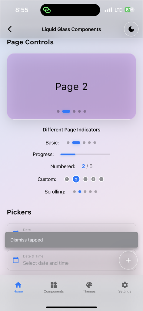 Uma demonstração de controles de página e seletores de data com design glassmorphism no Kit Flutter Liquid Glass