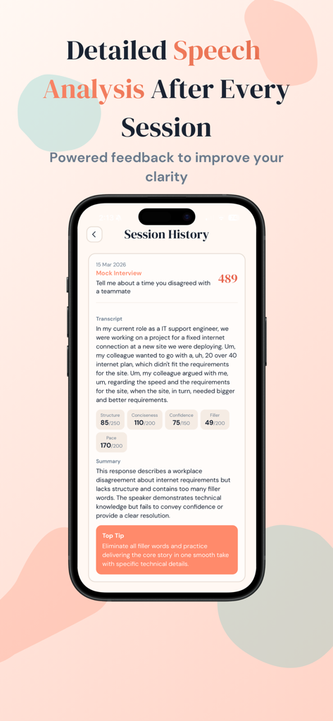 Unscripted: Articulation Coach - AIスピーチフィードバックとパフォーマンススコアが表示されたスマートフォン画面。
