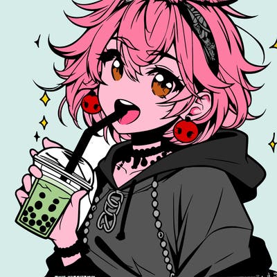 hot baddie anime girl drinking boba and biting the straw