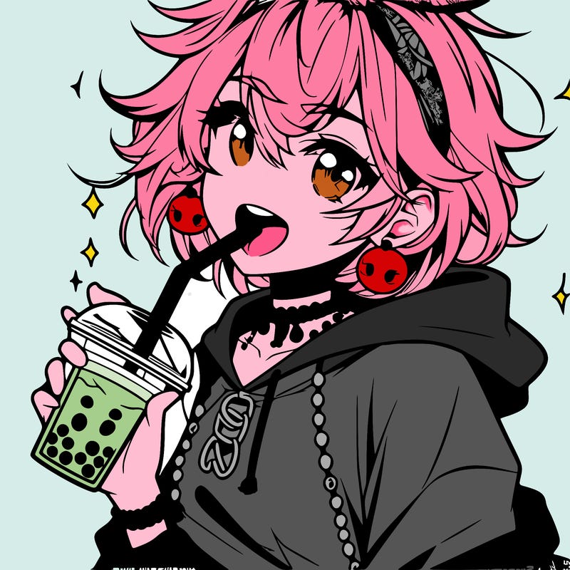 hot baddie anime girl drinking boba and biting the straw