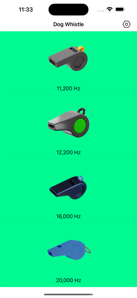 Interface of the Dog Whistle app showing four different whistle icons with selectable frequencies ranging from 11200 to 20000 Hertz on a green background.