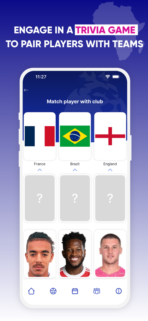 Schermata del quiz di calcio dell'app Drama Live per abbinare i giocatori alle squadre nazionali