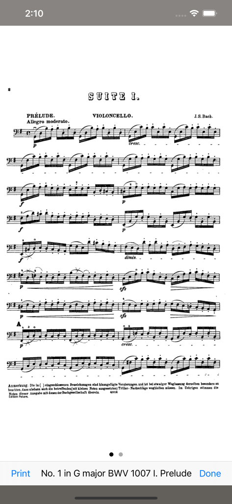 Bach Cello Suites - SyncScore - SyncScoreアプリに表示されているJ.S.バッハ チェロ組曲第1番プレリュードのデジタル楽譜。