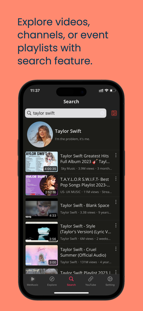 MeMusic - Stream Music, Video - MeMusic app interface showing a search for Taylor Swift with music videos and playlists listed in the search results.